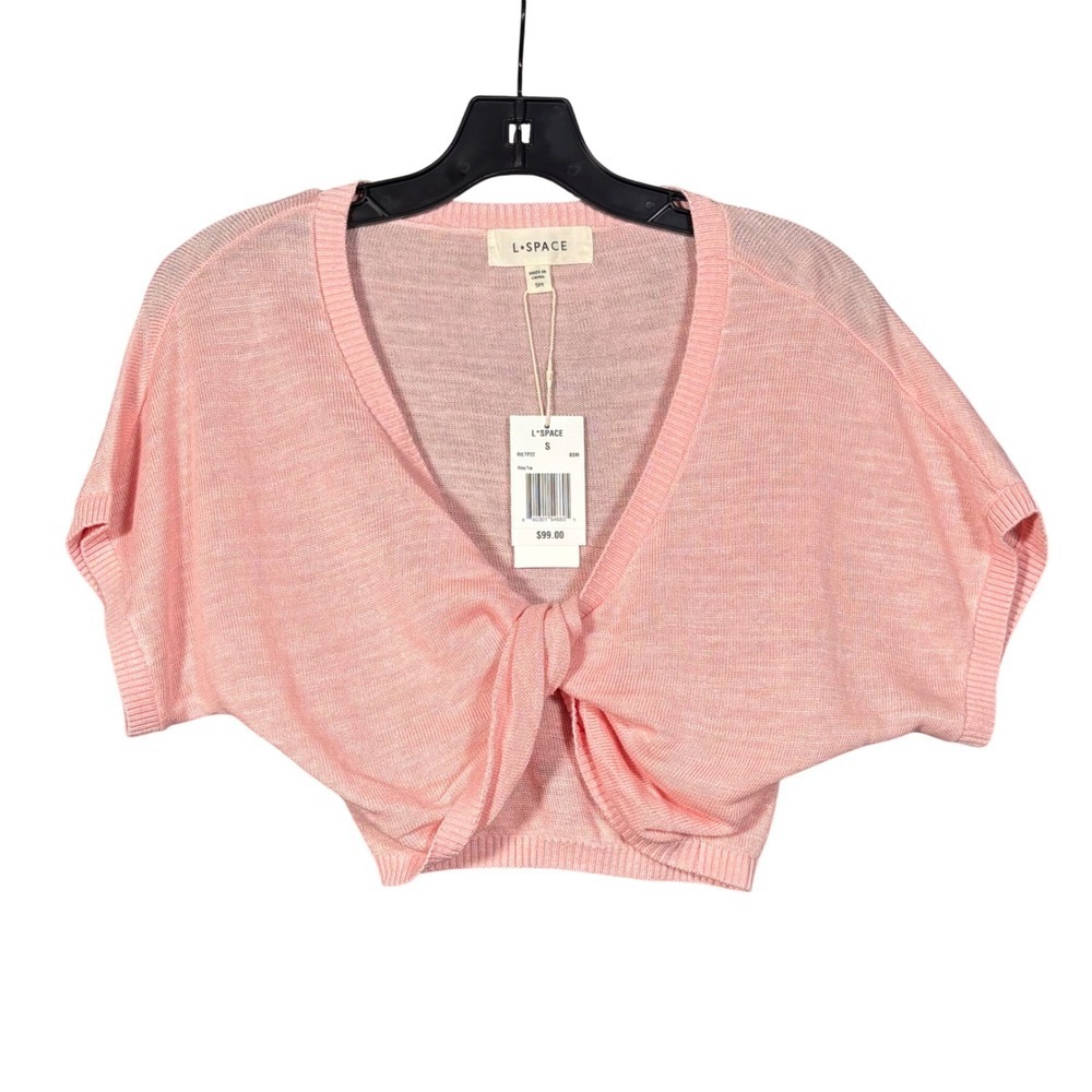 L*Space Riley Top Pink Linen Blend Knot Front Cropped Knit Sweater Small